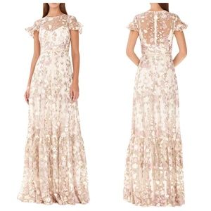 Monique Lhuillier Floral Embroidered Maxi Dress in Pink and Cream
